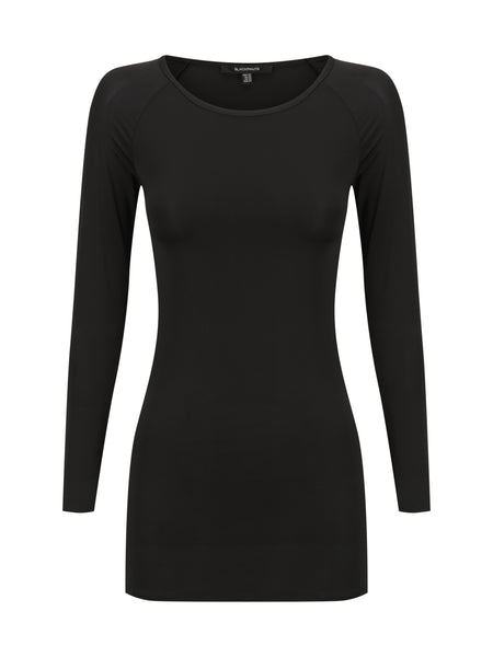 Flat lay of the BLACKPANTS Essential Layering Top in black, featuring a boat neckline, long sleeves and a fitted silhouette in lightweight stretch jersey.