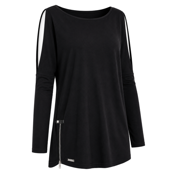 Flat lay of the BLACKPANTS Open Shoulder Drape Top in black with boat neckline, open shoulder sleeves, curved hem and side zip detail.