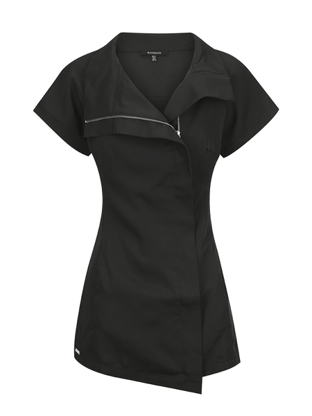 Close-up of the BLACKPANTS Soho Tunic featuring an off-centre zip, statement collar and flattering tailored fit.
