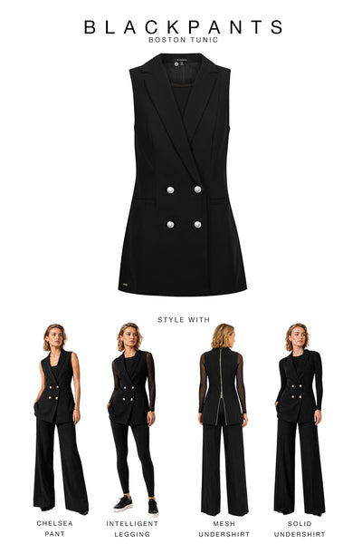 BLACKPANTS Boston Vest styled with The Chelsea Pant, Intelligent Legging, Mesh Undershirt and Solid Undershirt