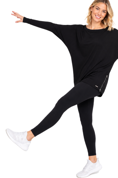 BLACKPANTS Drape Sleeve Top showcasing dramatic draped wing sleeves and relaxed silhouette