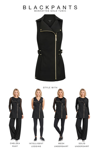 BLACKPANTS Manhattan Tunic Gold styled with Chelsea Pant, Intelligent Legging, Mesh Undershirt and Solid Undershirt