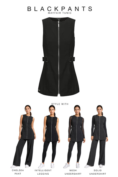 BLACKPANTS Mayfair Tunic styling guide featuring The Chelsea Pant, Intelligent Legging, Mesh Undershirt and Solid Undershirt