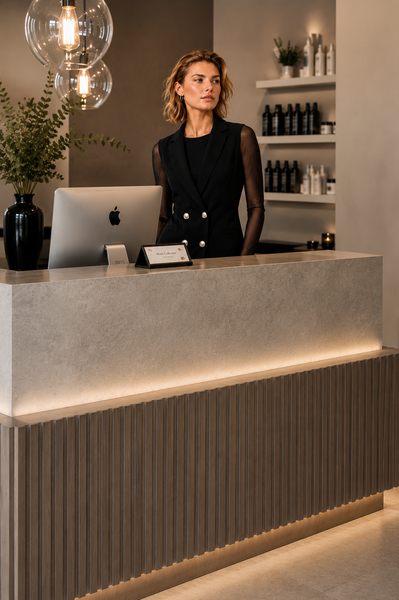 Salon professional wearing the BLACKPANTS Boston Vest at reception, showcasing the tailored silhouette and double-breasted button detailing