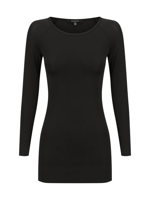 Flat lay of the BLACKPANTS Essential Layering Top in black, featuring a boat neckline, long sleeves and a fitted silhouette in lightweight stretch jersey.