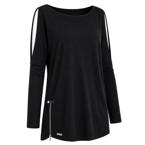 Flat lay of the BLACKPANTS Open Shoulder Drape Top in black with boat neckline, open shoulder sleeves, curved hem and side zip detail.