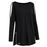 Flat lay of the BLACKPANTS Open Shoulder Drape Top in black with boat neckline, open shoulder sleeves, curved hem and side zip detail.