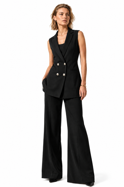 BLACKPANTS Boston Vest styled sleeveless with The Chelsea Pant, highlighting the deep neckline and sophisticated tailored fit