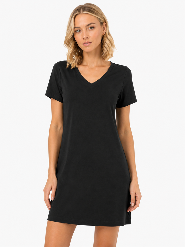 Model wearing BLACKPANTS T-Dress featuring V-neckline and relaxed A-line fit