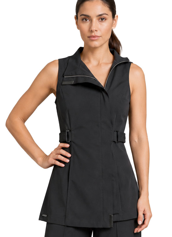 Milan Black Tunic close up showing high collar, zip and adjustable side tabs