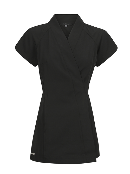 TOKYO WRAP bleach resistant salon tunic with deep V neckline, capped sleeves and adjustable wrap waist