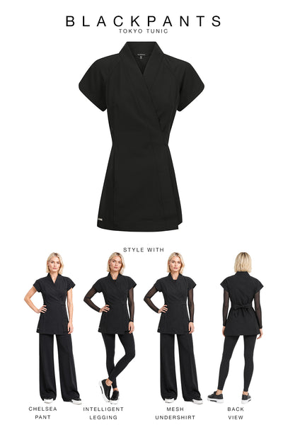 BLACKPANTS Tokyo Wrap styling guide featuring The Chelsea Pant, Intelligent Legging, Mesh Undershirt and back view