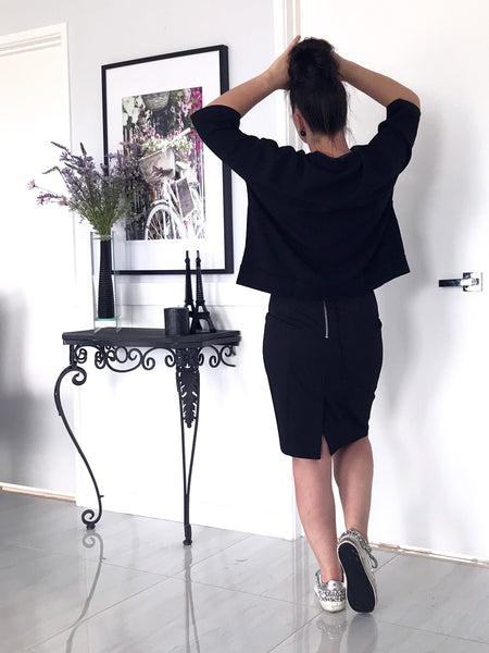 3 4 black store pencil skirt
